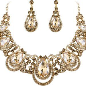 Women's Costume Fashion Crystal Teardrop Hollow Scroll Statement Necklace Dangle